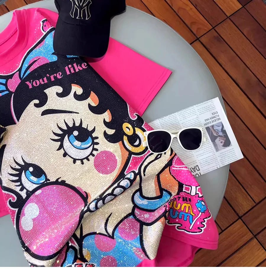VINESU A01 - Rhinestone Betty Boop Cotton Brushed Oversized T-Shirt