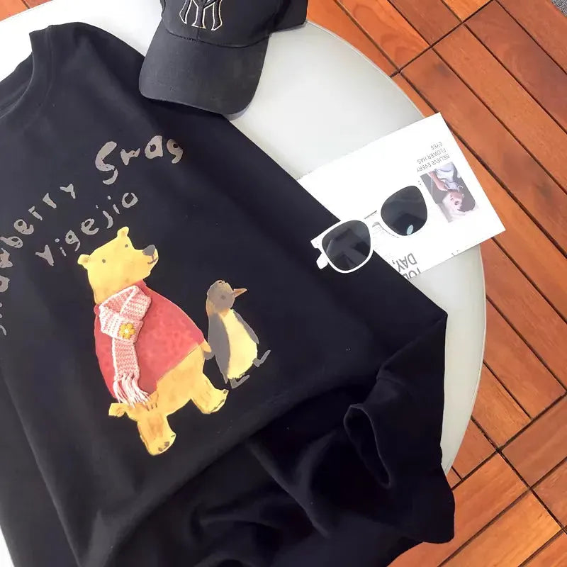 VINESU A13 - Strawberry Swan Bear & Penguin Long Sleeve Tee with 3D Scarf
