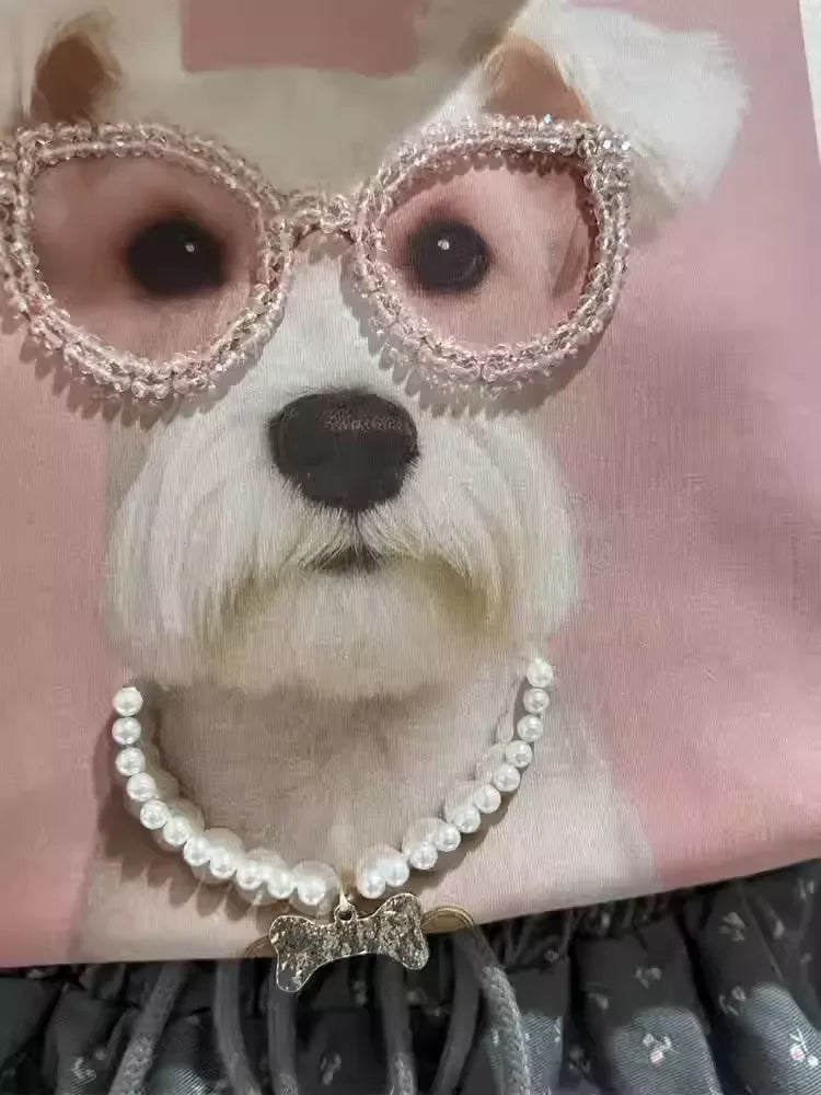 A116 - Premium 220 GSM Cotton Graphic Tee - "DOGUE" Schnauzer with Hand-Stitched Pearls & 3D Crystal Glasses
