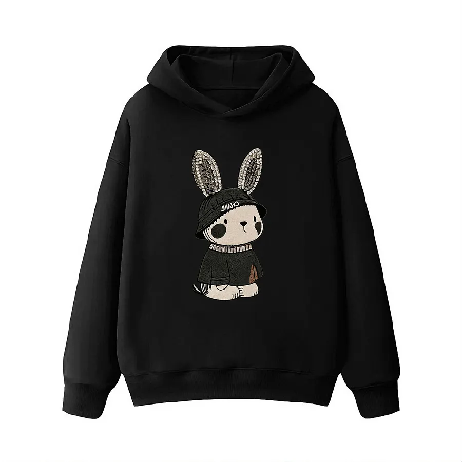 VINESU Cool Bling Bunny Ear Embroidered Hoodie｜3D Embroidery + Rhinestone Ears
