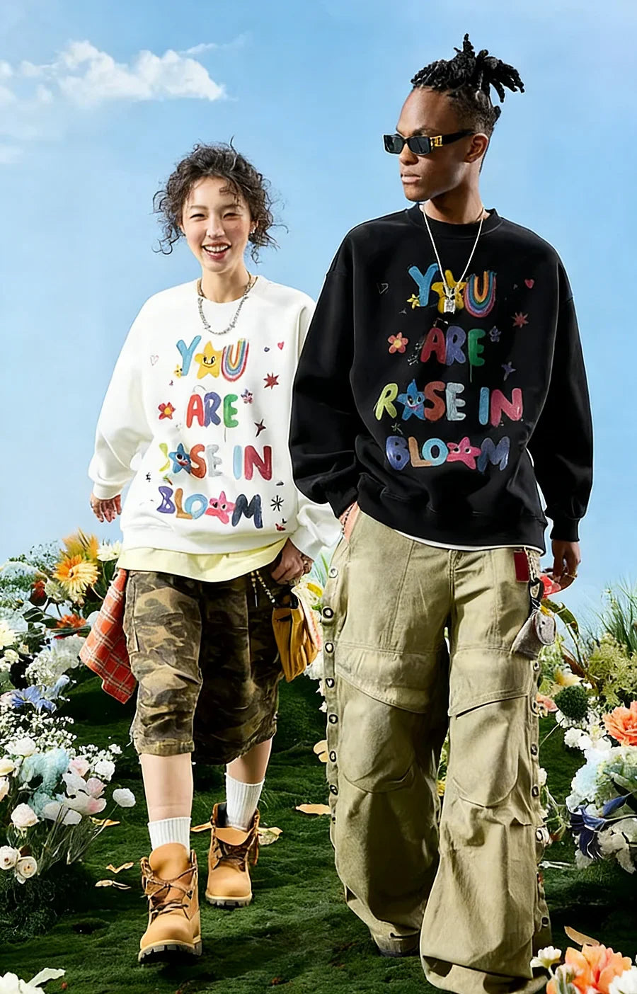 VINESU A36 - Oversized Hand-painted "You Are A Rose In Bloom" Graphic Sweatshirt, Colorful Y2K Aesthetic Pullover