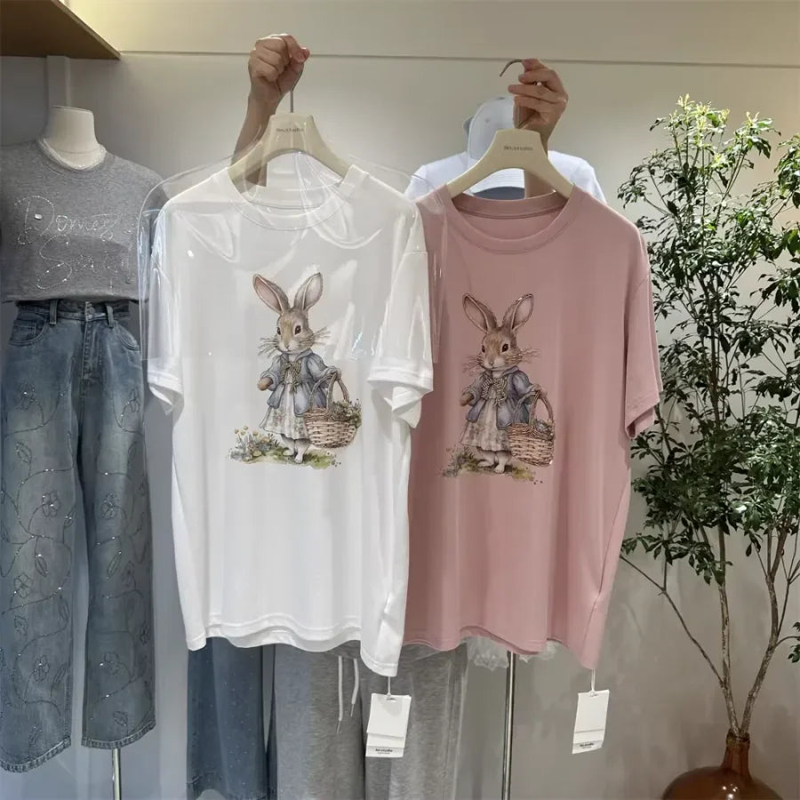 A136 - Oversized Rabbit Embroidery Tee - 220g Premium Cotton with Silver Bead Accents