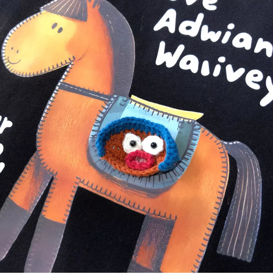A110 - Artisan 3D Crochet Horse Graphic Tee - Hand-Knitted Detail & Premium Cotton, Boutique Style Embroidered Top