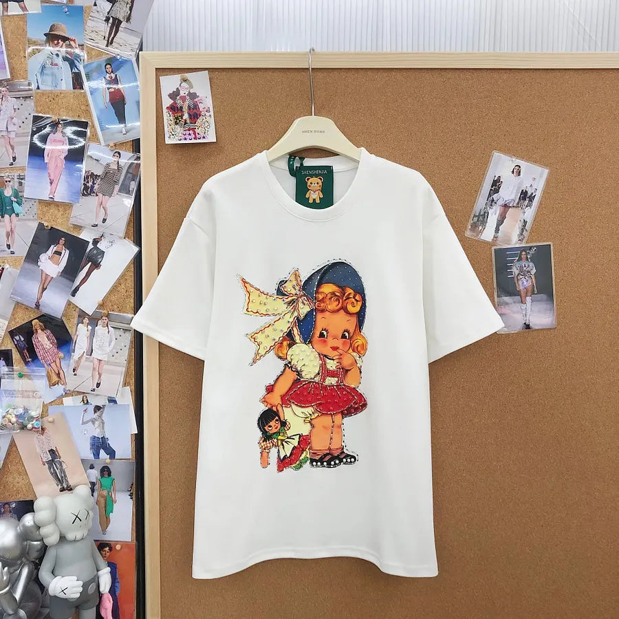 VINESU A19 - Vintage Girl & Doll Pearl & Rhinestone Embellished Cotton T-Shirt