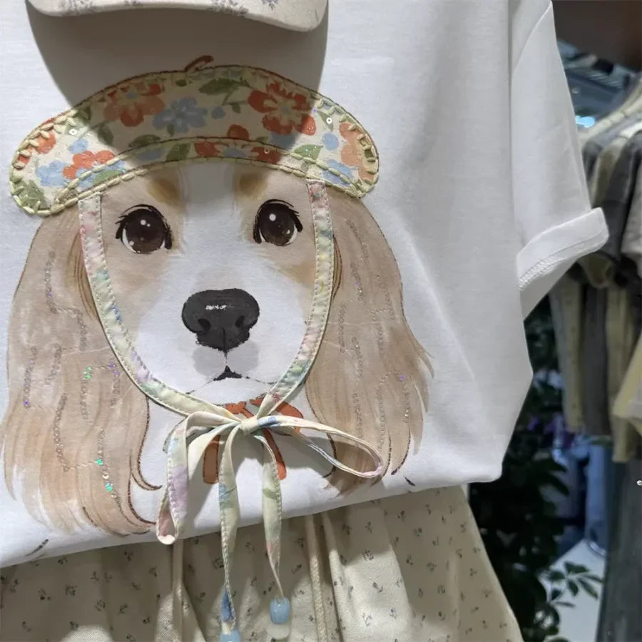A119 - Vintage French Style Dog Tee - 220g Pure Cotton with Floral Beret Patch & 3D Ribbon Detail