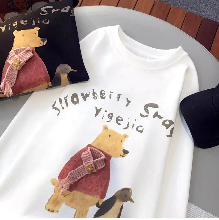 VINESU A13 - Strawberry Swan Bear & Penguin Long Sleeve Tee with 3D Scarf