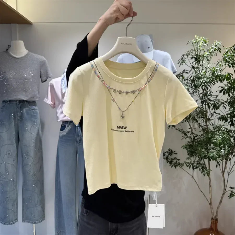 A126 - 220g Heavyweight Cotton T-Shirt with Pre-Layered Beaded Necklace Design - Brilliant Summer Collection Boutique Tee (Available in 4 Colors)