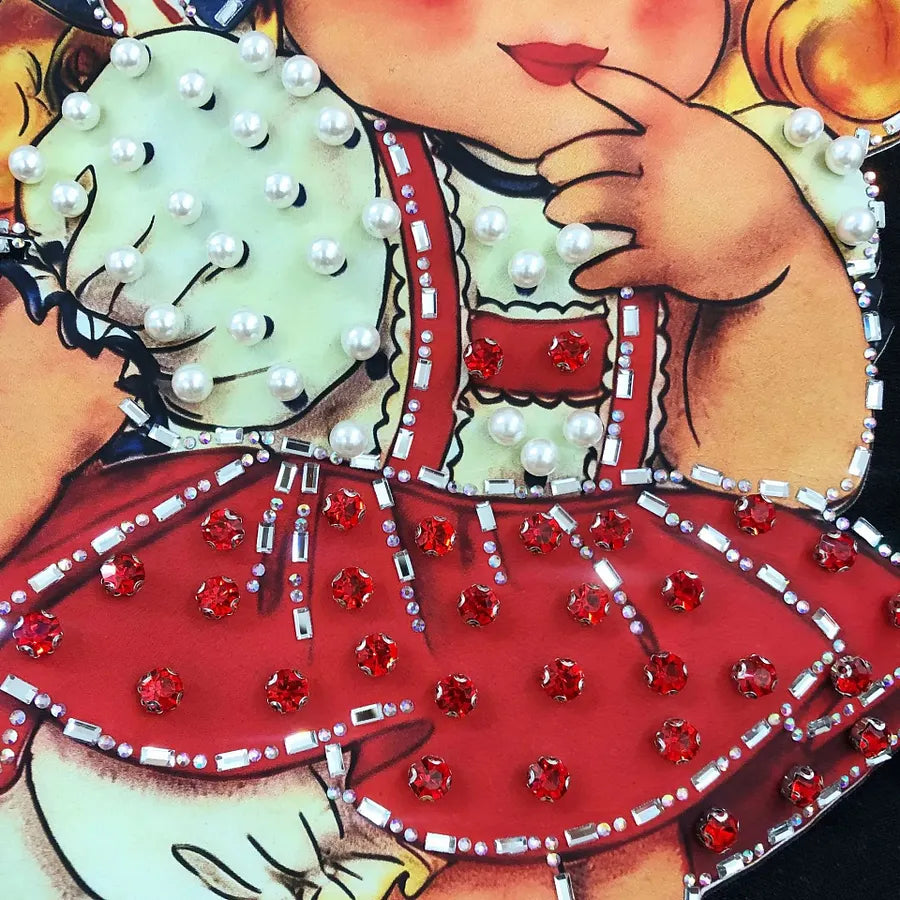 VINESU A19 - Vintage Girl & Doll Pearl & Rhinestone Embellished Cotton T-Shirt