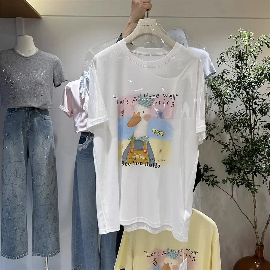 A128 - Premium 220g Cotton Graphic Tee – Cute "See You Hello" Duck with 3D Beaded Crown & Embroidery – Oversized Casual Streetwear