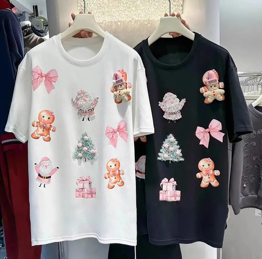 VINESU Holiday Luxe Tee✨ 3D Snowflake Embroidery + Handset Crystals