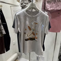 A106 - "Hi, July!" Artistic Goose Graphic T-Shirt - 220g Ultra-Heavyweight Cotton Tee with 3D Beaded Necklace & Patchwork Details