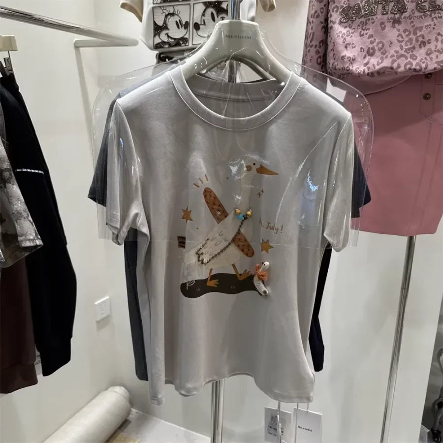A106 - "Hi, July!" Artistic Goose Graphic T-Shirt - 220g Ultra-Heavyweight Cotton Tee with 3D Beaded Necklace & Patchwork Details