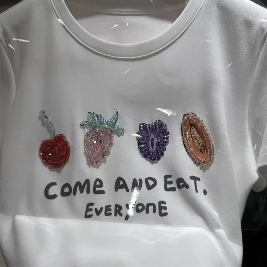 A121 - Luxury Fruit Embroidery Beaded T-Shirt - 100% Heavy Cotton