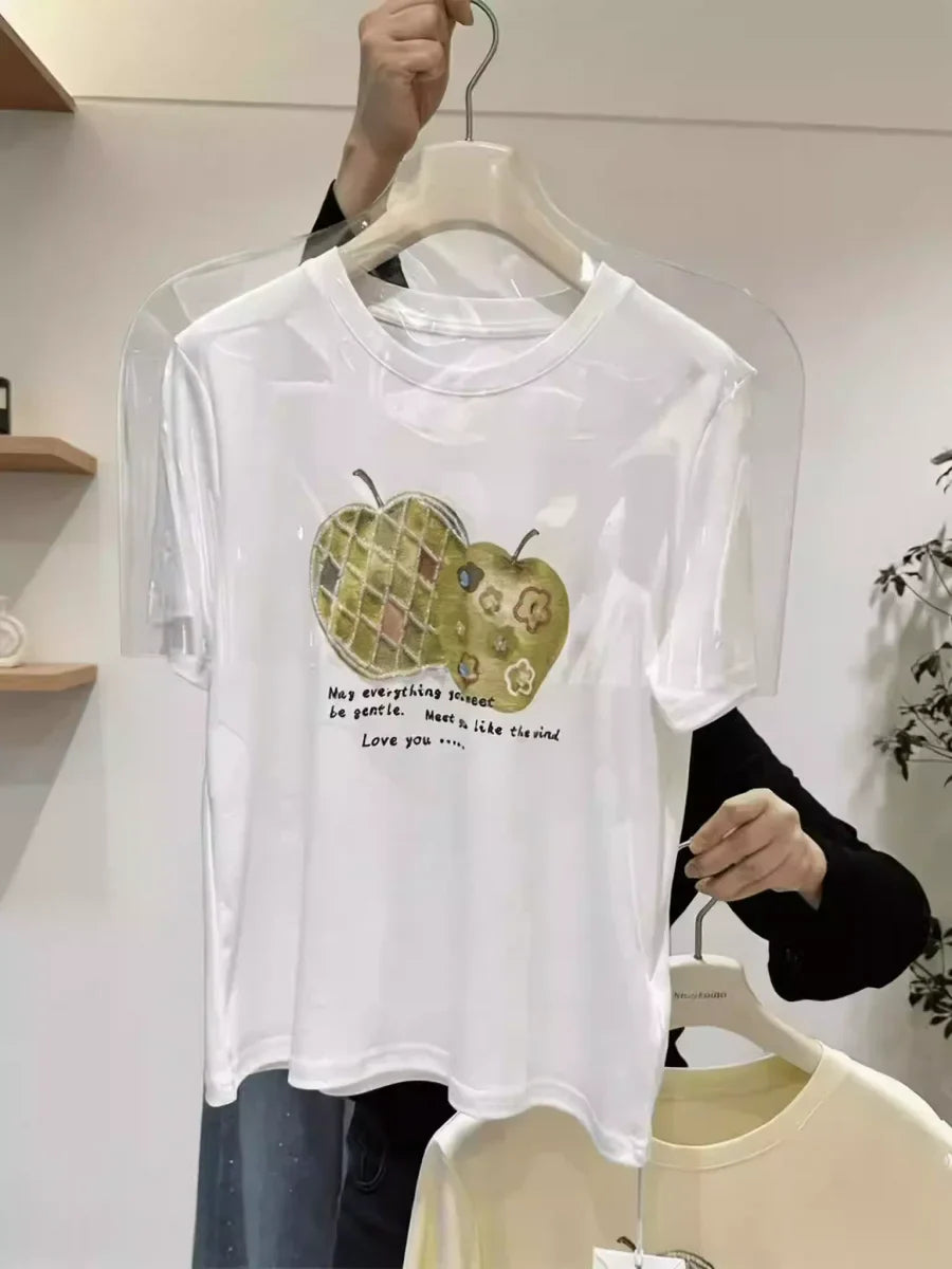 A123 - Premium Green Apple Graphic Tee with Crystal Beading & Gentle