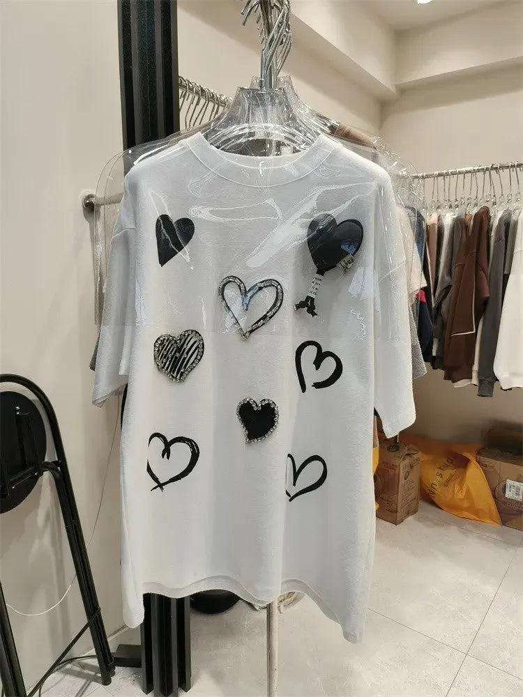VINESU A25 - Heart Rhinestone & 3D Print Oversized Tee