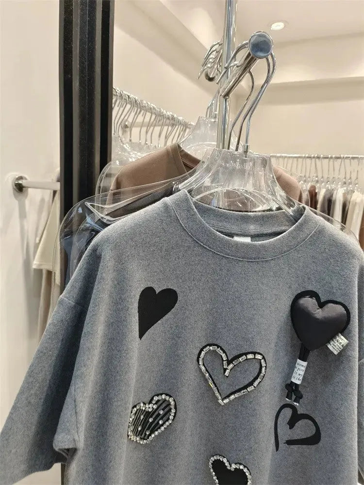 VINESU A25 - Heart Rhinestone & 3D Print Oversized Tee
