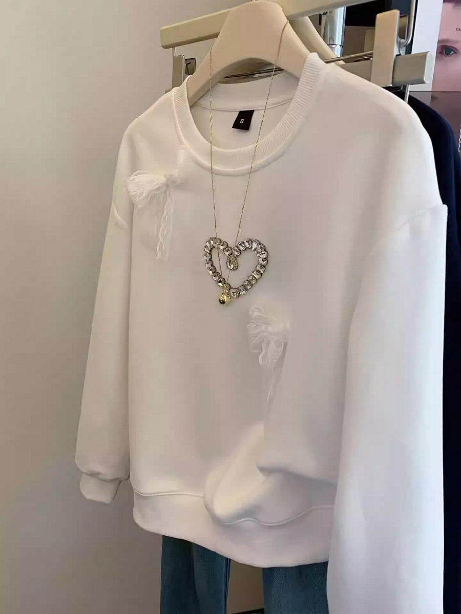 VINESU A45 Women’s Oversized Black Lace Bow & Pearl Heart Crewneck Sweatshirt | Coquette Aesthetic Top