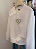 VINESU A45 Women’s Oversized Black Lace Bow & Pearl Heart Crewneck Sweatshirt | Coquette Aesthetic Top