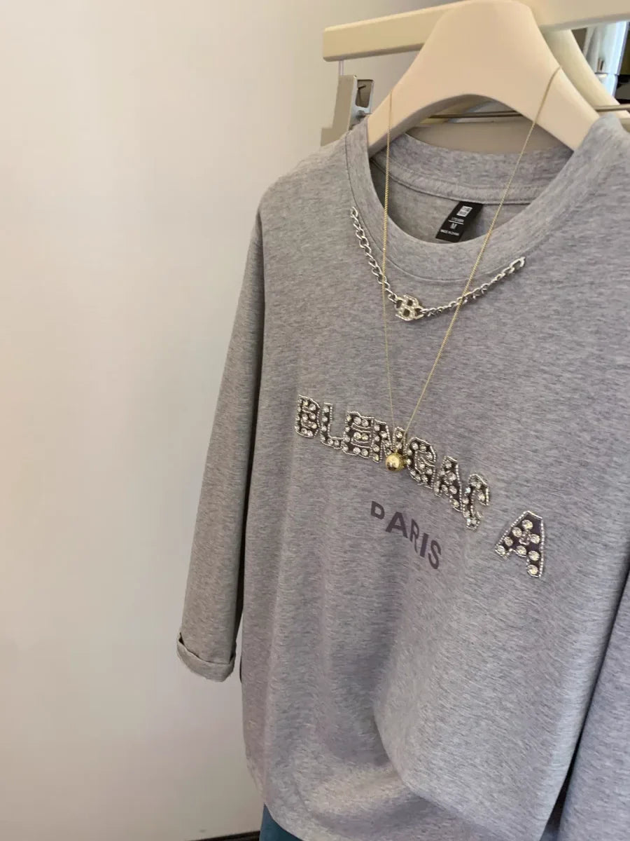 VINESU A33 - Rhinestone Embellished Paris Graphic Oversized Grey T-Shirt with Chain Necklace