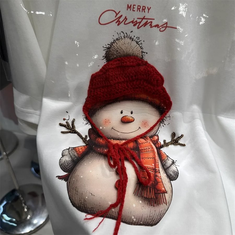 VINESU Christmas Limited Plush Collar T-Shirt ⛄ Snowman Print Festive Winter Top