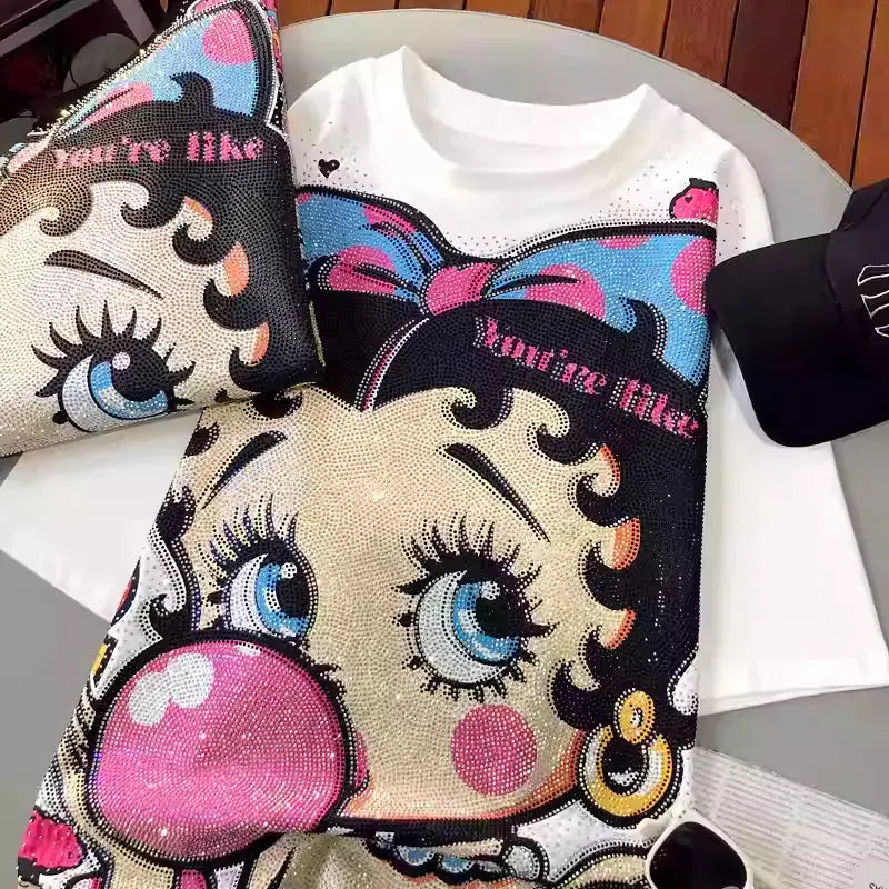 VINESU A01 - Rhinestone Betty Boop Cotton Brushed Oversized T-Shirt