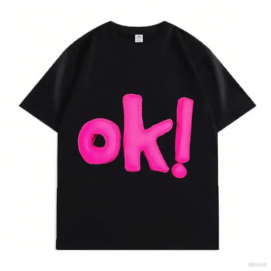VINESU OK! Letter 3D - Decorated White T-shirts 💗 Unlock Casual Trendy Vibe-Pink