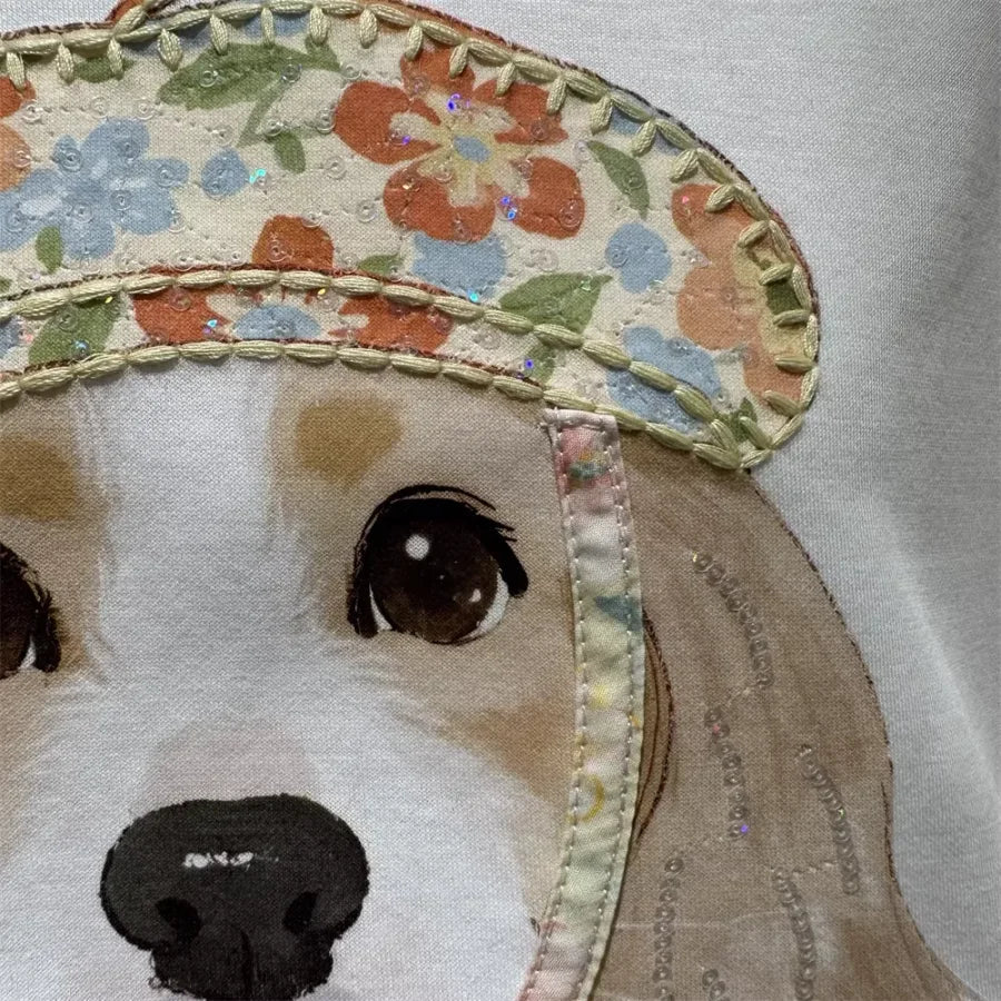 A119 - Vintage French Style Dog Tee - 220g Pure Cotton with Floral Beret Patch & 3D Ribbon Detail