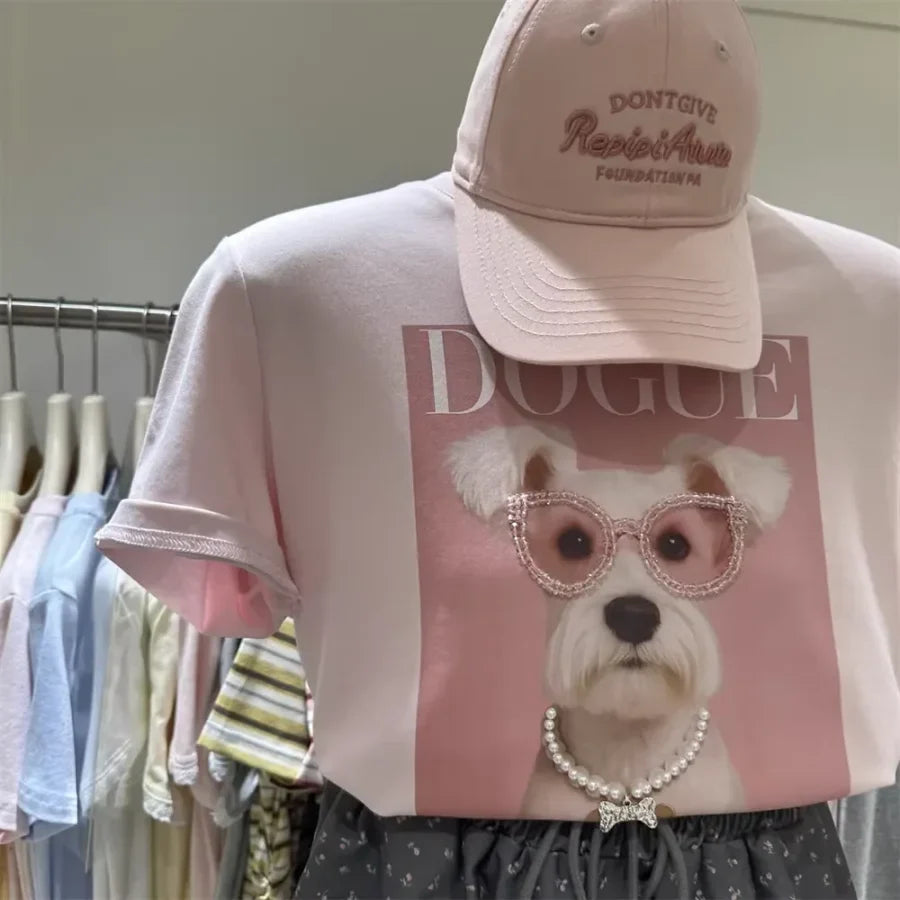A116 - Premium 220 GSM Cotton Graphic Tee - "DOGUE" Schnauzer with Hand-Stitched Pearls & 3D Crystal Glasses