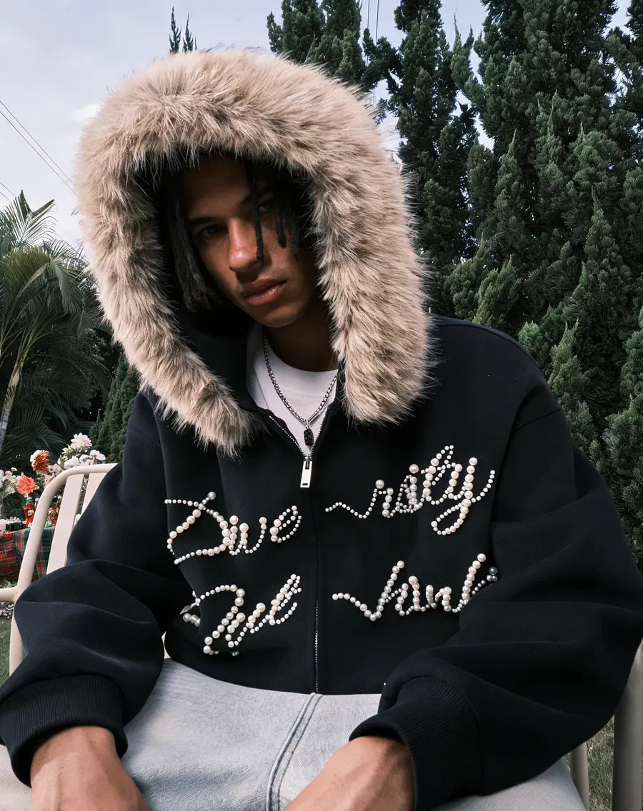 VINESU A34 - Oversized Fur Trim Rhinestone Letter Zip Up Hoodie, "Diversity" Graphic Streetwear Hoodie