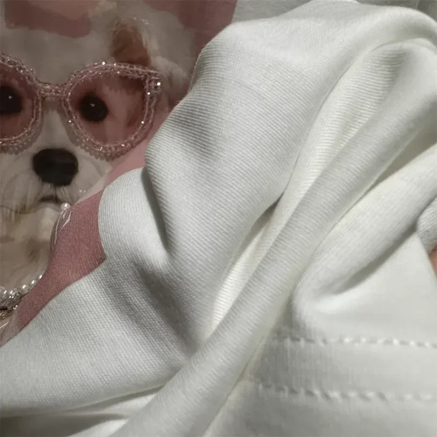 A116 - Premium 220 GSM Cotton Graphic Tee - "DOGUE" Schnauzer with Hand-Stitched Pearls & 3D Crystal Glasses