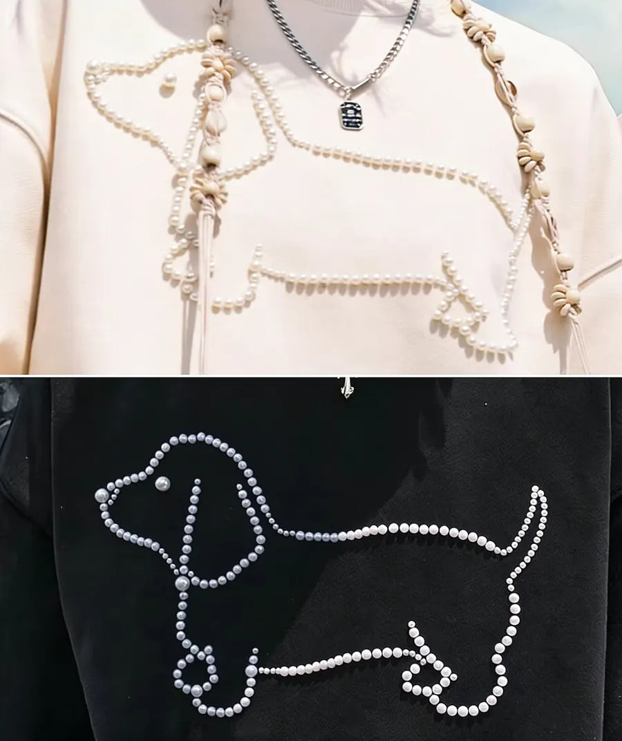 VINESU A35 - Oversized Pearl-Embellished Dachshund Graphic Sweatshirt, Couple’s Matching