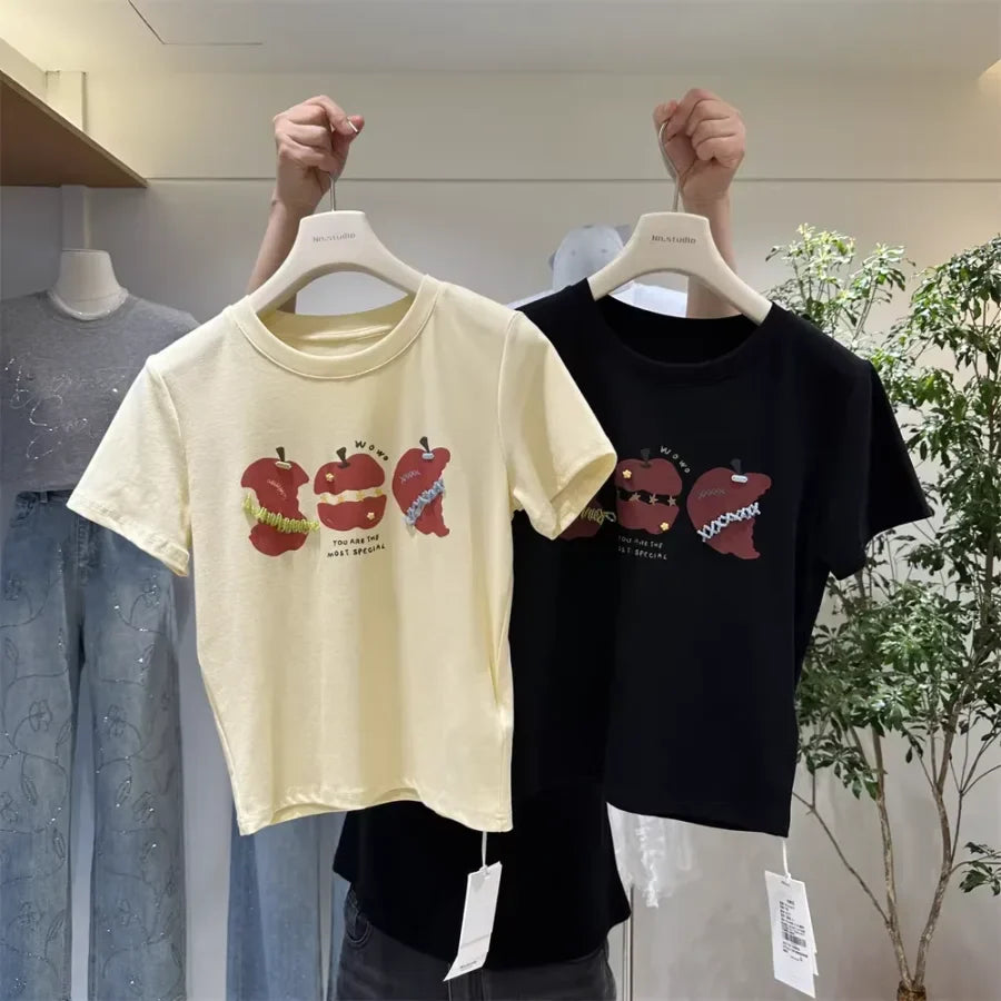 A117 - Premium 220 GSM Heavyweight Cotton Tee - Artistic Apple Graphic with Handmade 3D Details