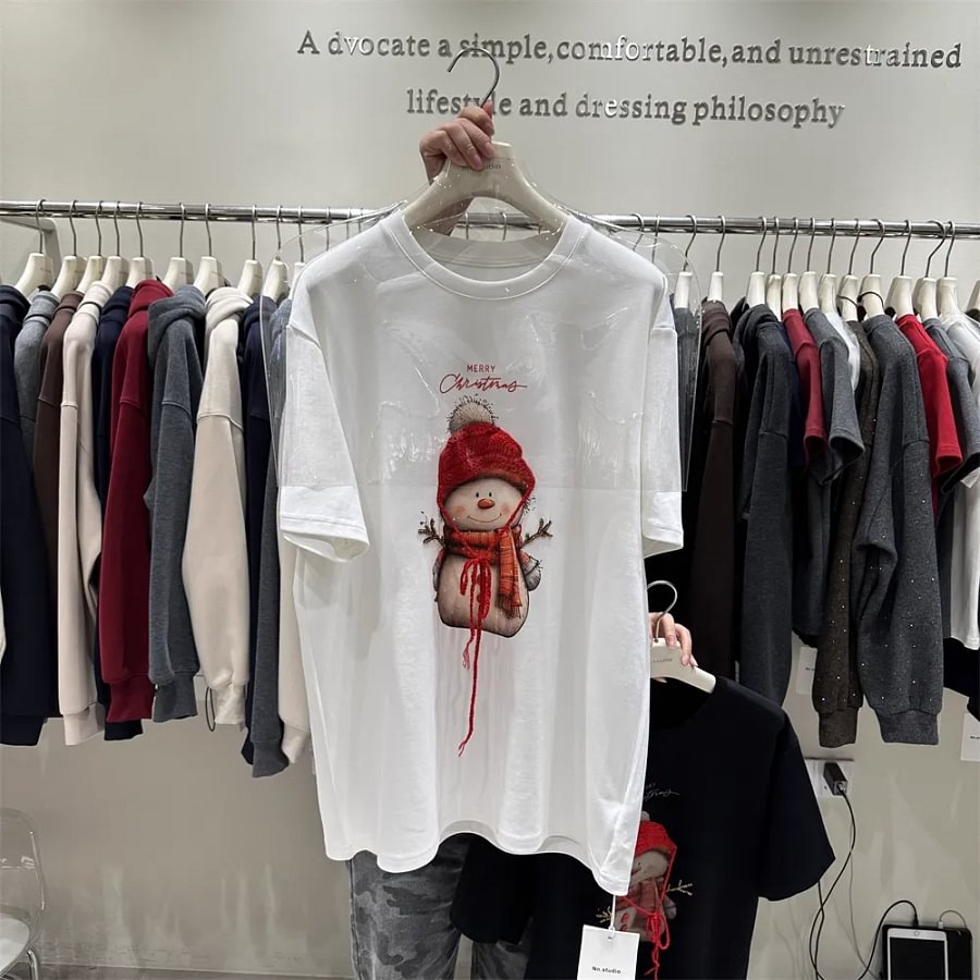 VINESU Christmas Limited Plush Collar T-Shirt ⛄ Snowman Print Festive Winter Top