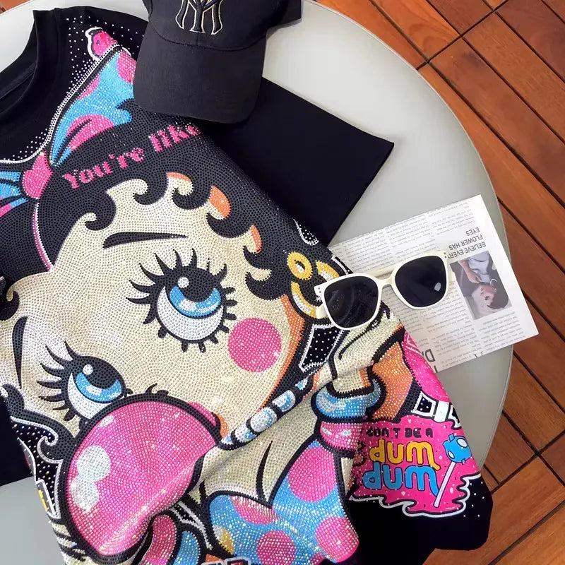 VINESU A01 - Rhinestone Betty Boop Cotton Brushed Oversized T-Shirt