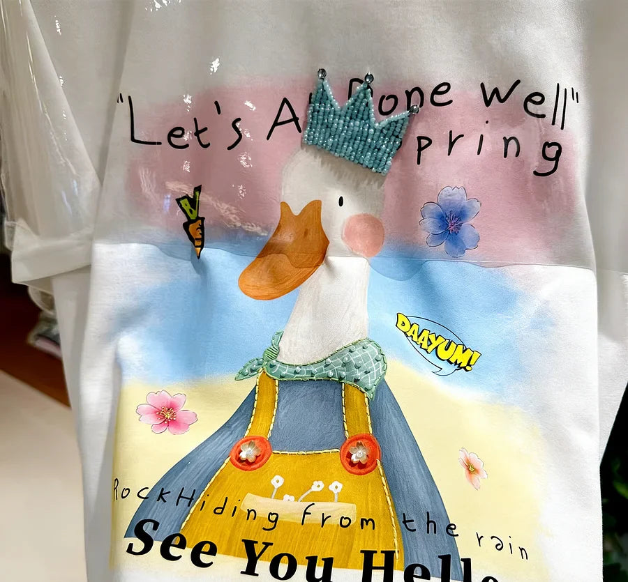A128 - Premium 220g Cotton Graphic Tee – Cute "See You Hello" Duck with 3D Beaded Crown & Embroidery – Oversized Casual Streetwear