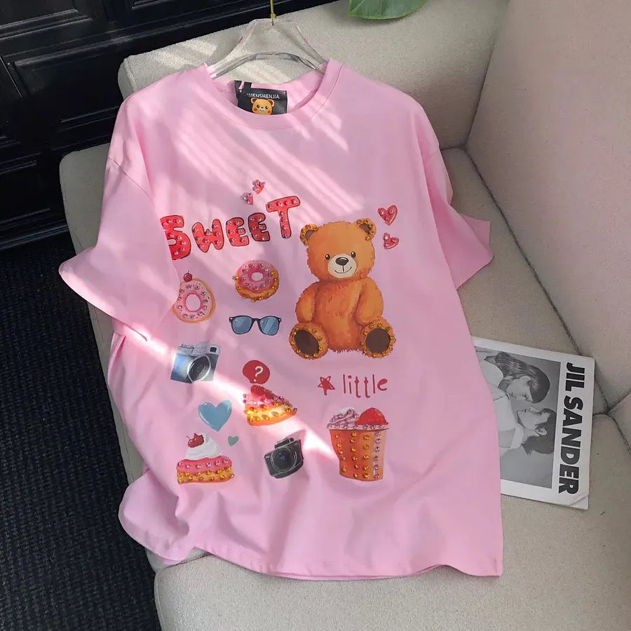 VINESU A17 - "Sweet" Bear Hand-Embellished T-Shirt
