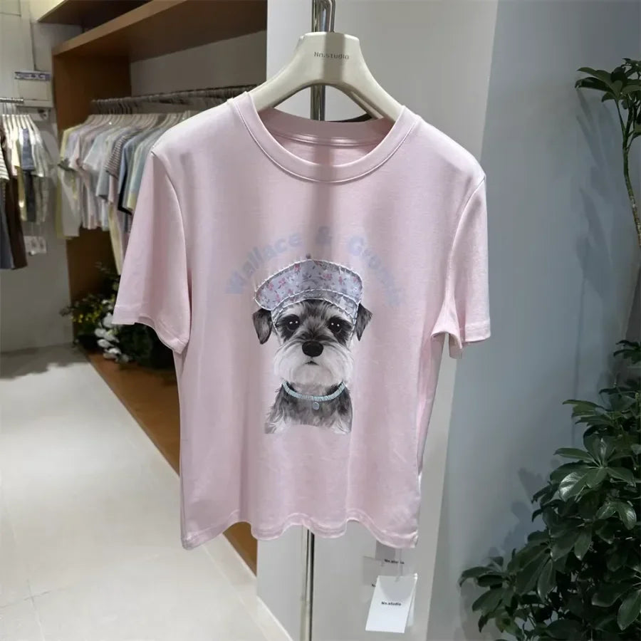 A124 - Wallace & Gromit Schnauzer Graphic T-Shirt - Floral Beret Dog Print Tee with Beaded Embroidery - Y2K Aesthetic Cotton Top