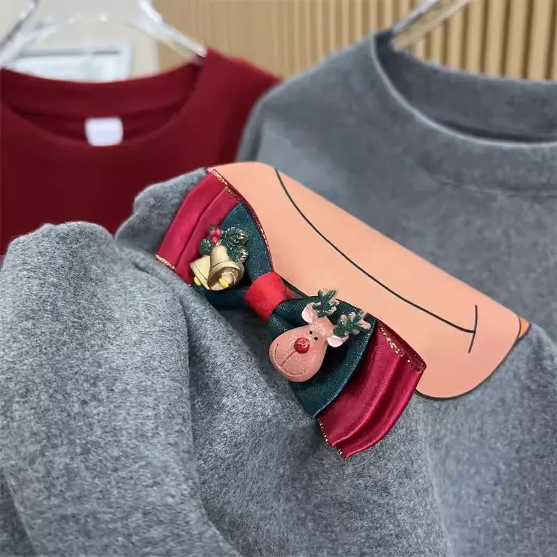 A81 - Christmas Reindeer Bowcore Tee | Hand-Beaded 3D Bow Aesthetic T-Shirt | Festive Coquette Top