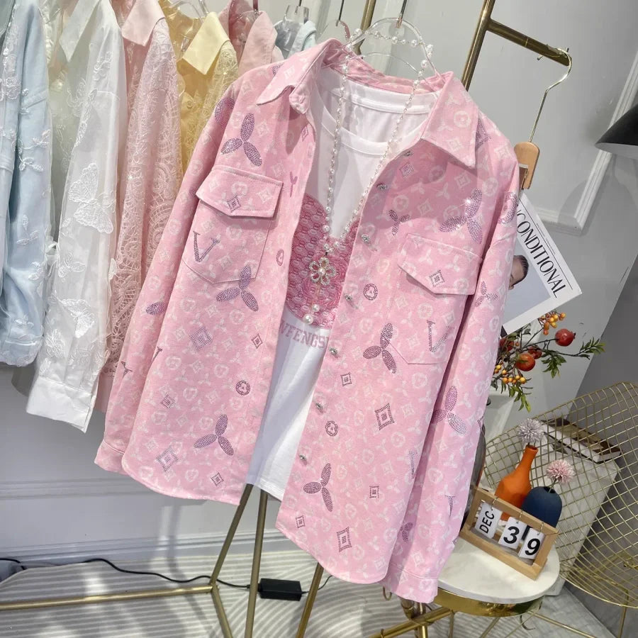 VINESU All-Over Rhinestone Embroidery Oversized Shirt Jacket 👚Stylish Casual Outerwear