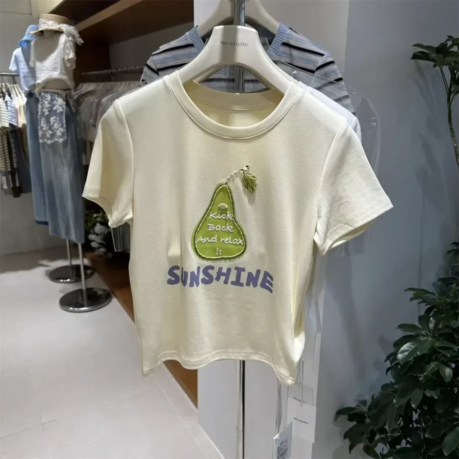 A118 - Premium 220 GSM Heavyweight Cotton Tee - Pear Graphic with Handmade Beaded Leaf & 3D Patch Embroidery