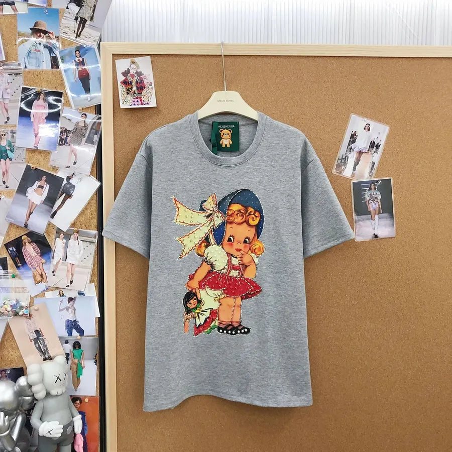 VINESU A19 - Vintage Girl & Doll Pearl & Rhinestone Embellished Cotton T-Shirt