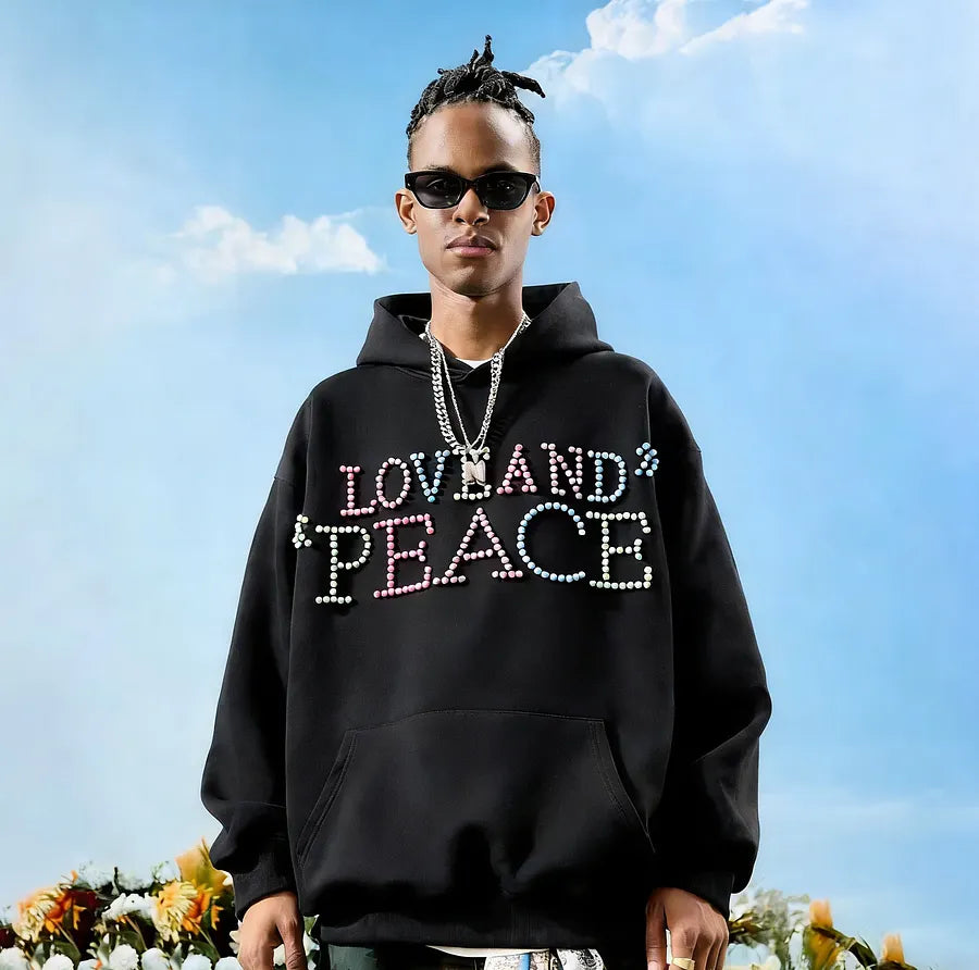 VINESU a38 - Pearl-Embellished "LOVE AND PEACE" Graphic Hoodie, Y2K Aesthetic Pullover