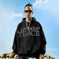 VINESU a38 - Pearl-Embellished "LOVE AND PEACE" Graphic Hoodie, Y2K Aesthetic Pullover