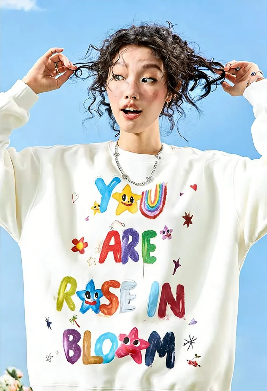 VINESU A36 - Oversized Hand-painted "You Are A Rose In Bloom" Graphic Sweatshirt, Colorful Y2K Aesthetic Pullover