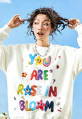 VINESU A36 - Oversized Hand-painted "You Are A Rose In Bloom" Graphic Sweatshirt, Colorful Y2K Aesthetic Pullover