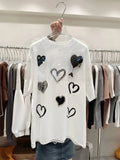 VINESU A25 - Heart Rhinestone & 3D Print Oversized Tee