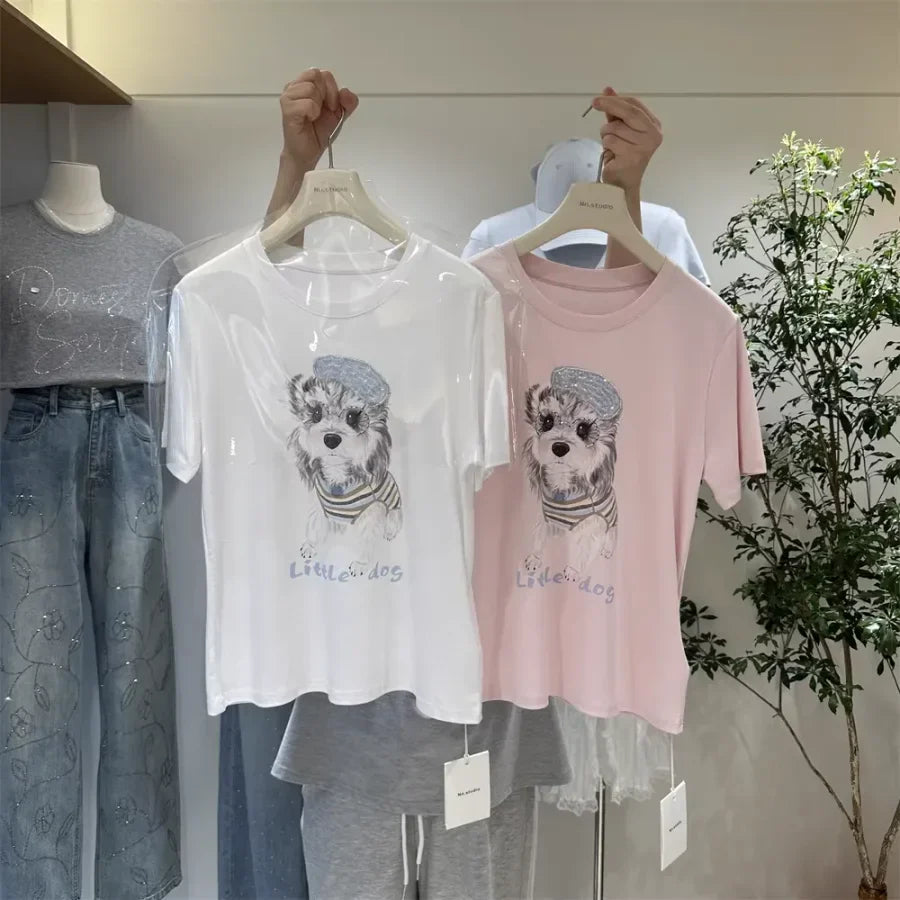 A127 - 220g Heavyweight Cotton Poodle Graphic Tee - 3D Terry Cloth Embroidery Dog & Heart Balloon T-Shirt - Premium Boutique Summer Top