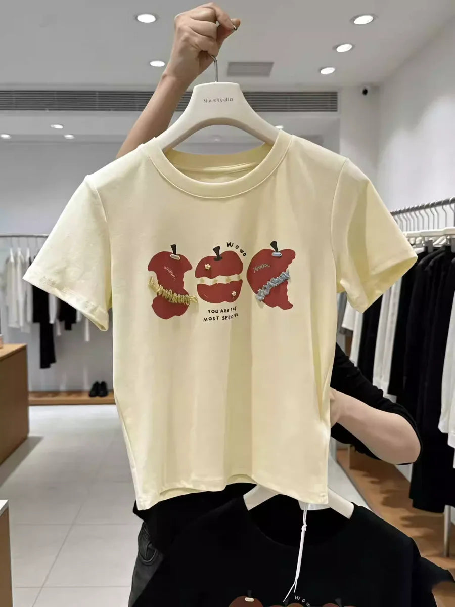 A117 - Premium 220 GSM Heavyweight Cotton Tee - Artistic Apple Graphic with Handmade 3D Details