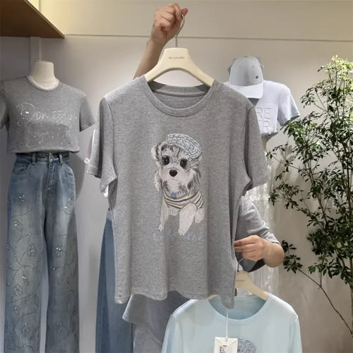 A127 - 220g Heavyweight Cotton Poodle Graphic Tee - 3D Terry Cloth Embroidery Dog & Heart Balloon T-Shirt - Premium Boutique Summer Top