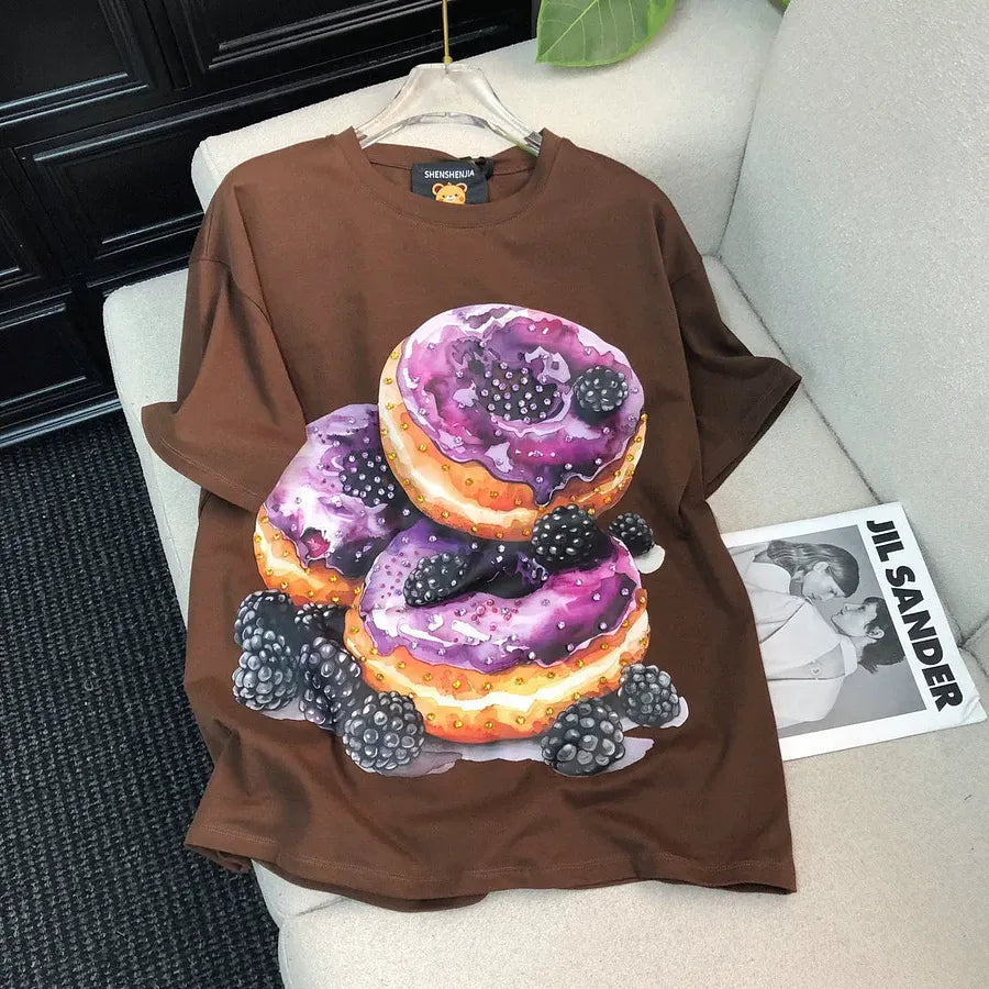 VINESU Heavy Beaded Donut Print Short Sleeve
